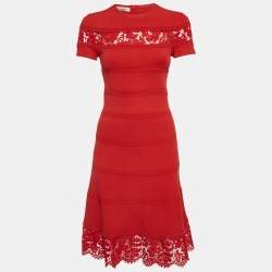 Pre Owned Valentino Red Lace Trim Stretch Knit Mini Dress S