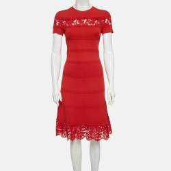 Pre Owned Valentino Red Lace Trim Stretch Knit Mini Dress S