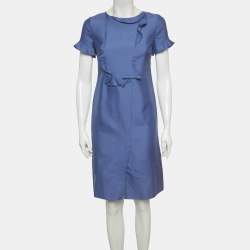 Pre Owned فستان فالنتينو أزرق بخليط الحرير ميني مكشكش مقاس صغير