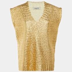 مملوكة مسبقًا سترة فالينتينو ذهبية صوف محبوك بدون أكمام واسعة مقاس صغير جداً
