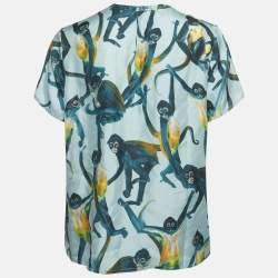 Pre Owned Valentino Light Blue Monkey Print Silk Short Sleeve Top M