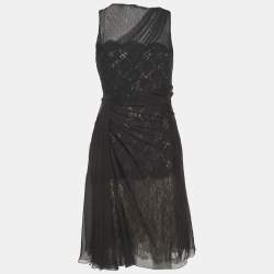 Pre Owned Valentino Black Lace and Chiffon Draped Midi Dress L