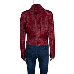 Pre Owned Valentino Red Leopard Pattern Calf Fur Zip Front Biker Jacket M