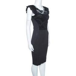 Pre Owned Valentino Vintage Grey Wool Contrast Lace Panel Detail Fitted Dress M