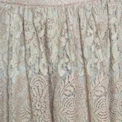 Pre Owned Valentino Pastel Green Metallic Floral Lace Overlay Gathered Waist Midi Skirt M