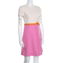 Pre Owned Valentino Colorblock Bow Detail Silk Wool A-Line Dress S