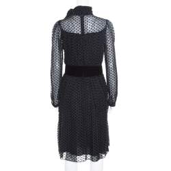 Pre Owned Valentino Black Velvet Polka Dotted Silk Neck Tie Detail Long Sleeve Dress M