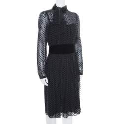 Pre Owned Valentino Black Velvet Polka Dotted Silk Neck Tie Detail Long Sleeve Dress M