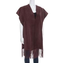 Valentino Burgundy Leather Poncho Style Fringed Hem Jacket S