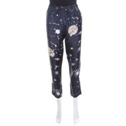 Pre Owned Valentino Navy Blue Cosmo Printed Silk Draw String Detail Pants S