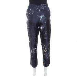 Pre Owned Valentino Navy Blue Cosmo Printed Silk Draw String Detail Pants S