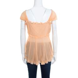 Pre Owned Valentino Orange Mesh Insert Floral Applique Detail Plisse Silk Top L
