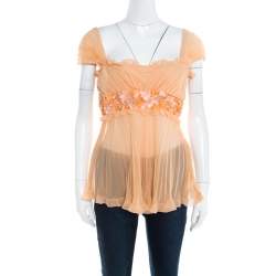Pre Owned Valentino Orange Mesh Insert Floral Applique Detail Plisse Silk Top L