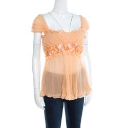 Pre Owned Valentino Orange Mesh Insert Floral Applique Detail Plisse Silk Top L