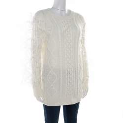Pre Owned Valentino Ivory Chunky Knit Wool Ostrich Feathered Full Sleeve Pullover S