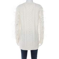 Pre Owned Valentino Ivory Chunky Knit Wool Ostrich Feathered Full Sleeve Pullover S