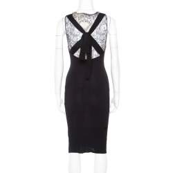 Pre Owned Valentino Black Stretch Knit Sleeveless Lace Insert Bodycon Dress M