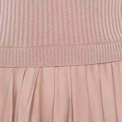Pre Owned Valentino Beige Ribbed Wool and Silk Pleated Sleeveless Turtleneck Dress M