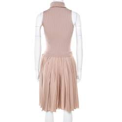 Pre Owned Valentino Beige Ribbed Wool and Silk Pleated Sleeveless Turtleneck Dress M