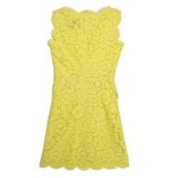 Pre Owned Valentino Yellow Floral Lace Scalloped Trim Bow Detail Peplum Dress S