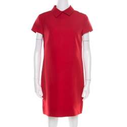 Pre Owned Valentino Red Wool and Silk Collared Short Sleeve Dress M