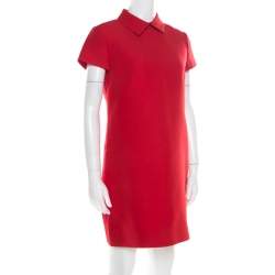 Pre Owned Valentino Red Wool and Silk Collared Short Sleeve Dress M