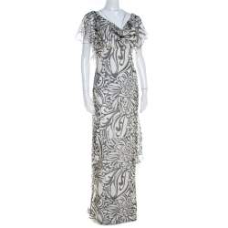 Valentino Monochrome Floral Printed Silk Ruffled Backless Evening Gown M