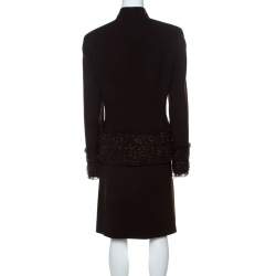 Pre Owned Valentino Brown Wool Embellished Detail Skirt Suit L