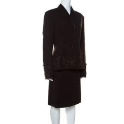 Pre Owned Valentino Brown Wool Embellished Detail Skirt Suit L