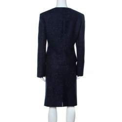 Pre Owned Valentino Dark Blue Patterned Tweed Wool Blazer and Skirt Set XL