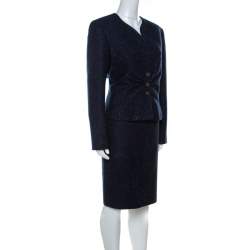 Pre Owned Valentino Dark Blue Patterned Tweed Wool Blazer and Skirt Set XL