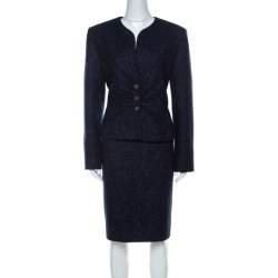Pre Owned Valentino Dark Blue Patterned Tweed Wool Blazer and Skirt Set XL 