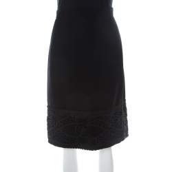 Pre Owned Valentino Boutique Vintage Black Crepe Wool Corded Lace Hem Detail Skirt L