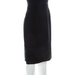 Pre Owned Valentino Boutique Vintage Black Crepe Wool Corded Lace Hem Detail Skirt L