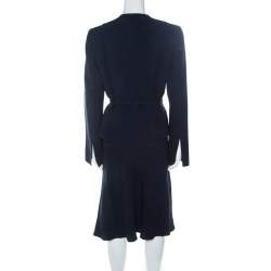 Pre Owned Valentino Navy Blue Crepe Belted Blazer And Skirt Suit L