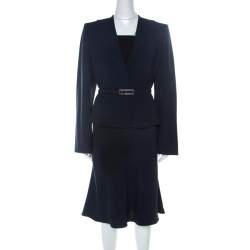 Pre Owned Valentino Navy Blue Crepe Belted Blazer And Skirt Suit L 