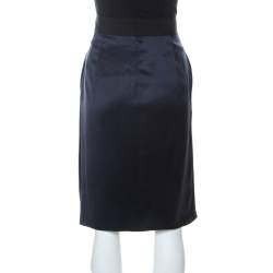 Pre Owned Valentino Navy Blue Silk Pleated Front Midi Skirt M 