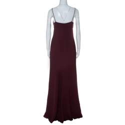 Pre Owned Valentino Burgundy Crepe Knit Plunge Neck Strappy Evening Gown L