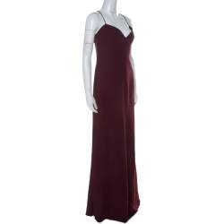 Pre Owned Valentino Burgundy Crepe Knit Plunge Neck Strappy Evening Gown L