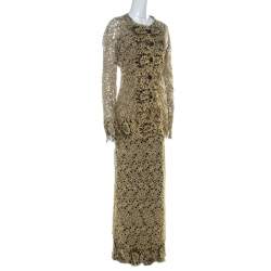 Pre Owned Valentino Gold & Black Guipure Lace Skirt & Jacket Set L