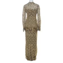 Pre Owned Valentino Gold & Black Guipure Lace Skirt & Jacket Set L