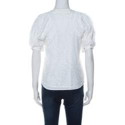 Valentino White Cotton Tattered Effect Puffed Sleeve Top S 