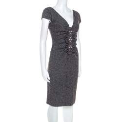 Pre Owned Valentino Grey Boucle Knit Wool Blend Embellshed Detail Dress M