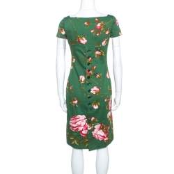 Pre Owned Valentino Green Floral Print Cotton Button Detail Short Dress M