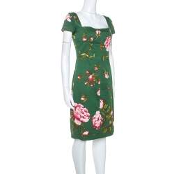 Pre Owned Valentino Green Floral Print Cotton Button Detail Short Dress M