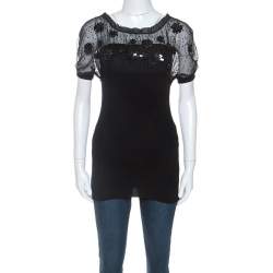 Pre Owned Valentino Black Wool and Silk Embellished Detail Top S