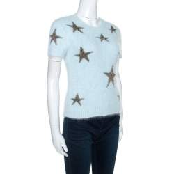 Pre Owned Valentino Light Blue Angora Wool Short Sleeve Star Intarsia Jumper S