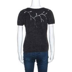 Pre Owned Valentino Dark Grey Wool Vine Panel Detail Short Sleeve Sweater M