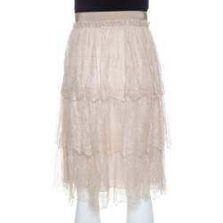 Valentino Beige Floral Tulle Tiered Skirt M