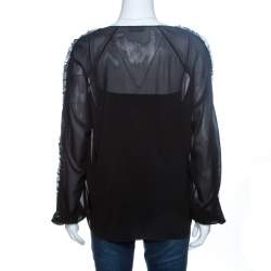 Pre Owned RED Valentino Black Sheer Silk Ruffle Trim Blouse M